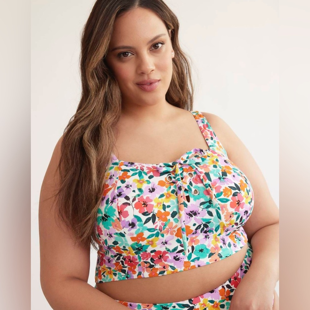 Pennington Lace-Up Longline Square Orchid Bouquet Print Bikini Top 1X NWT